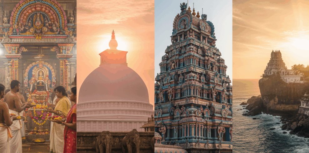 Ramayana Yatra across Sri Lanka featuring Munneswaram Temple, Ruwanweliseya Stupa, Nainativu Nagapooshani Amman Temple, and Koneswaram cliff shrine.