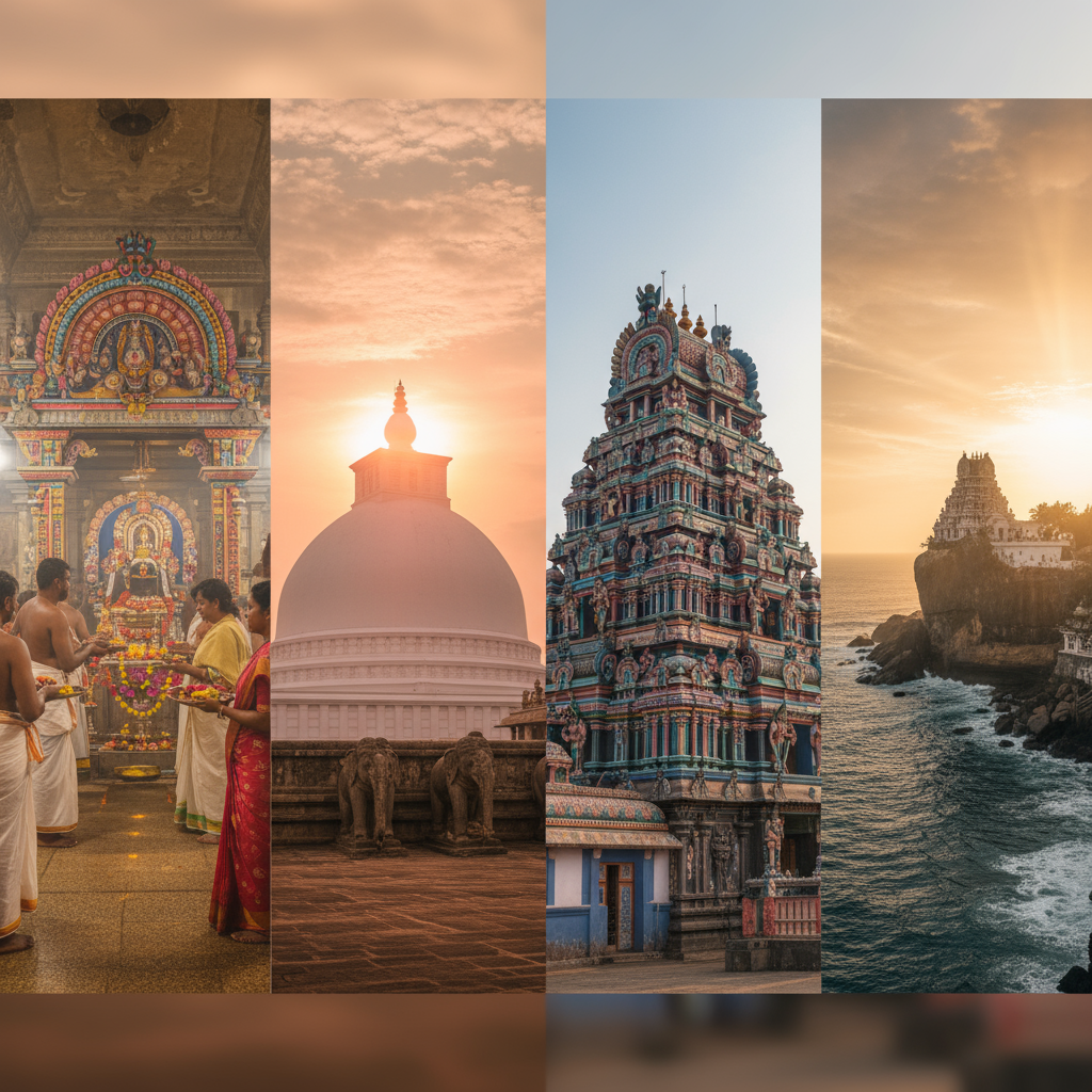 Ramayana Yatra across Sri Lanka featuring Munneswaram Temple, Ruwanweliseya Stupa, Nainativu Nagapooshani Amman Temple, and Koneswaram cliff shrine.