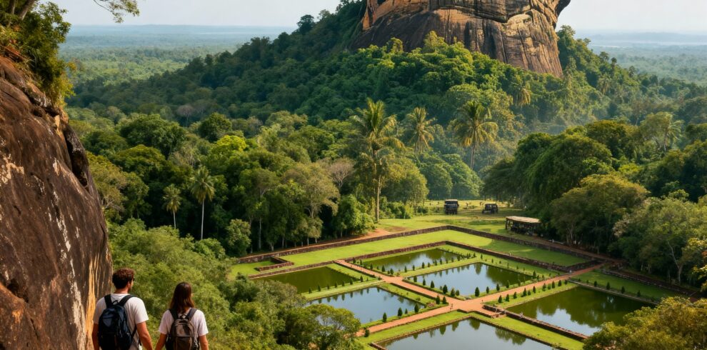 Traveler climbing Sigiriya Rock Fortress surrounded by lush jungle and water gardens.