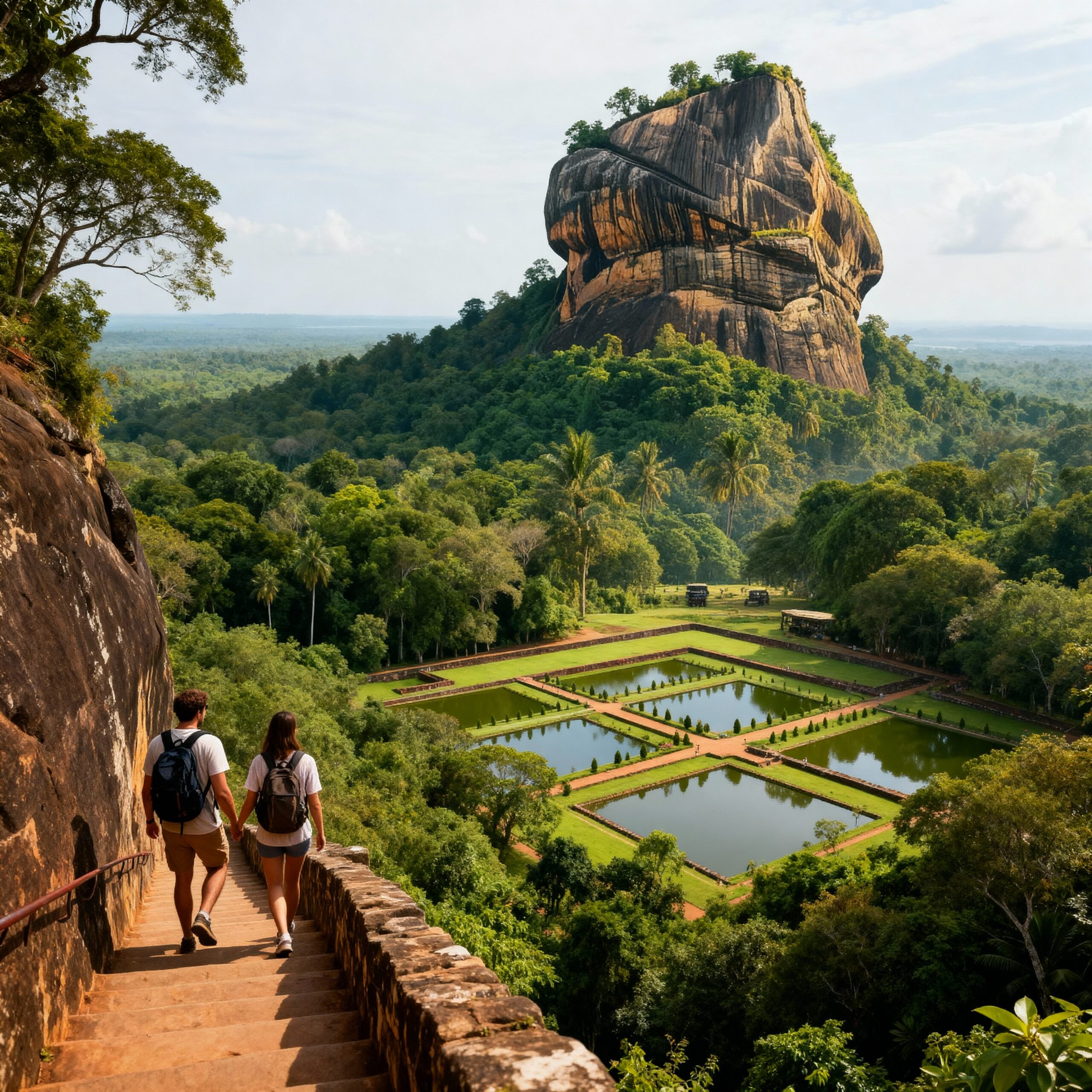 Traveler climbing Sigiriya Rock Fortress surrounded by lush jungle and water gardens.