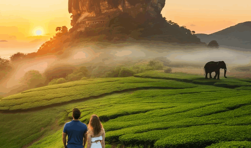 Traveler admiring Sigiriya Rock Fortress at sunrise with Sri Lankan tea hills, elephants, and Unawatuna coast in the background — representing the island’s cultural and natural beauty.