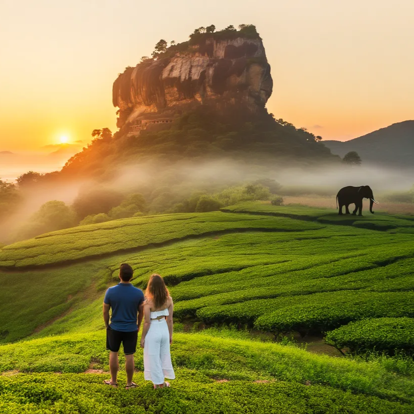 Traveler admiring Sigiriya Rock Fortress at sunrise with Sri Lankan tea hills, elephants, and Unawatuna coast in the background — representing the island’s cultural and natural beauty.