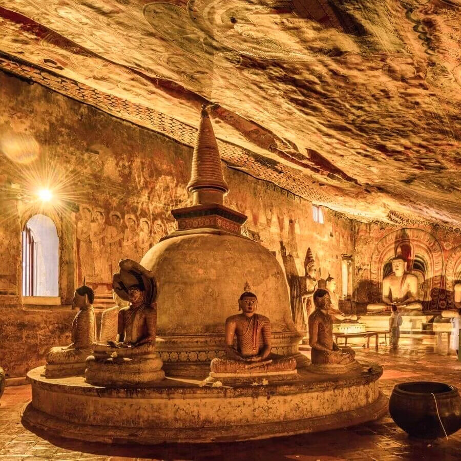 Golden Buddha statue and cave temple complex in Dambulla, Sri Lanka.