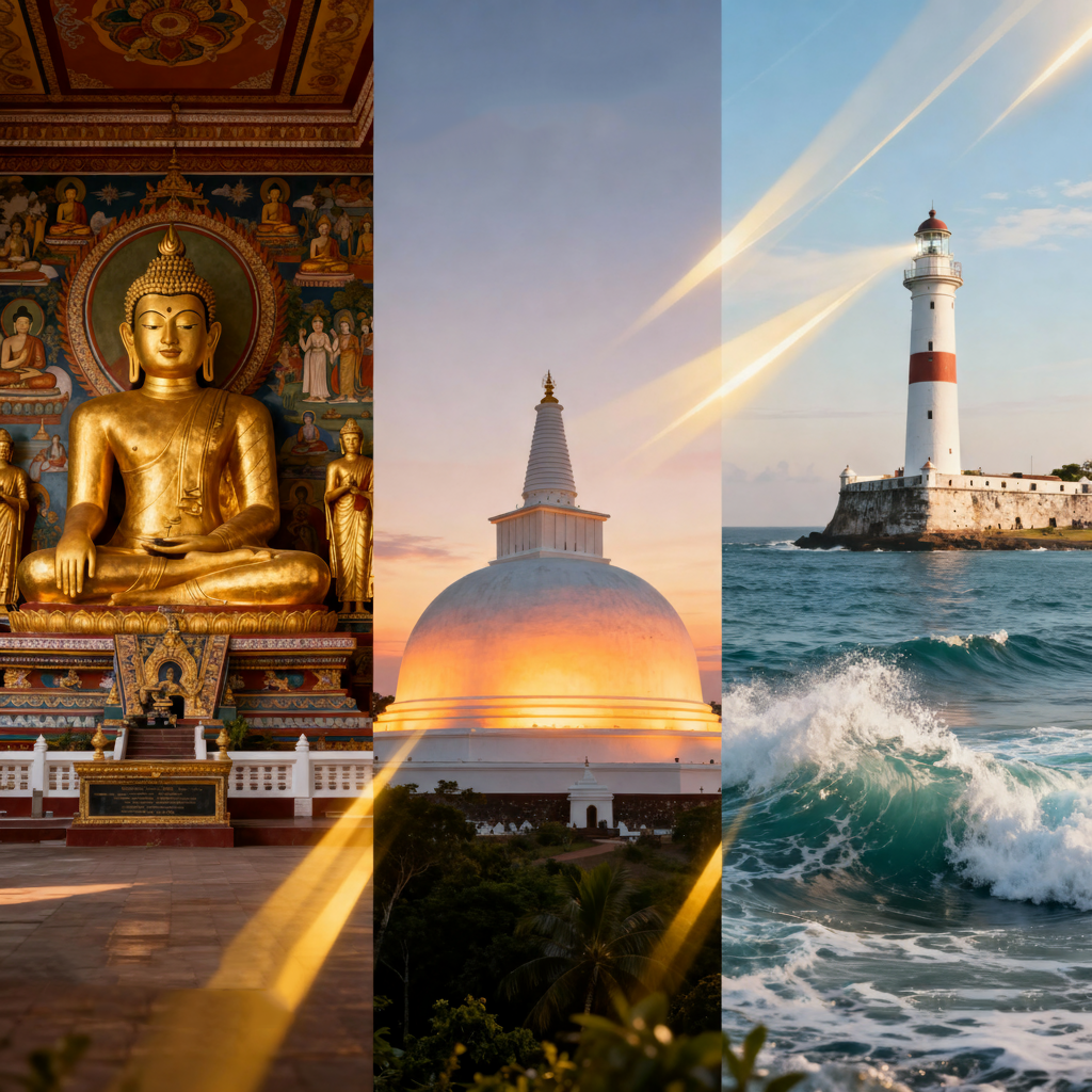 Spiritual and scenic highlights of Sri Lanka – Kelaniya Temple, Ruwanwelisaya Stupa, and Galle Fort lighthouse from a 6-day Buddhist and coastal tour.