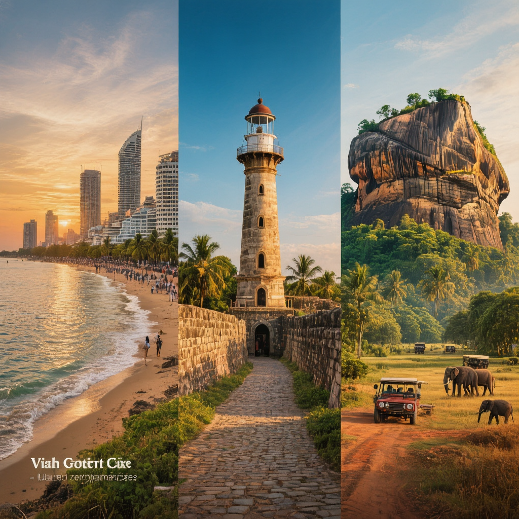 Panoramic collage of Sri Lanka highlights — Colombo skyline, Galle Fort lighthouse, Sigiriya Rock, and Yala safari — from a 6-day island tour.