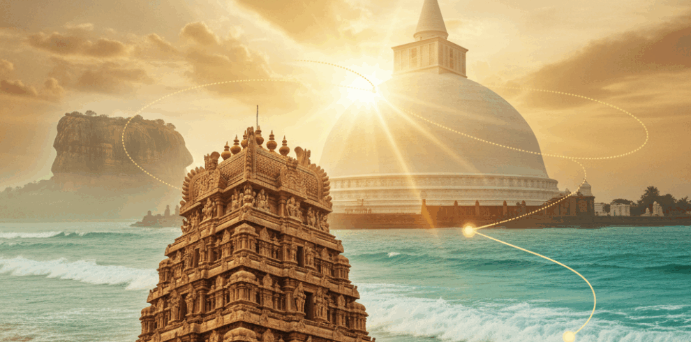 Ramayana trail pilgrimage across Sri Lanka – featuring Nallur Temple, Ruwanweliseya, Sigiriya Rock, and Nilaveli Beach in one spiritual travel collage.