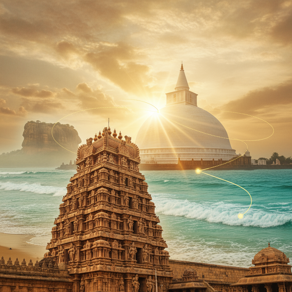 Ramayana trail pilgrimage across Sri Lanka – featuring Nallur Temple, Ruwanweliseya, Sigiriya Rock, and Nilaveli Beach in one spiritual travel collage.